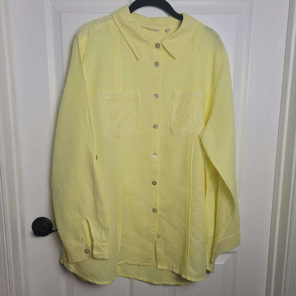 Soft Surroundings Shirt Womens 1XL Yellow Button Down Lace Pockets Top Blouse